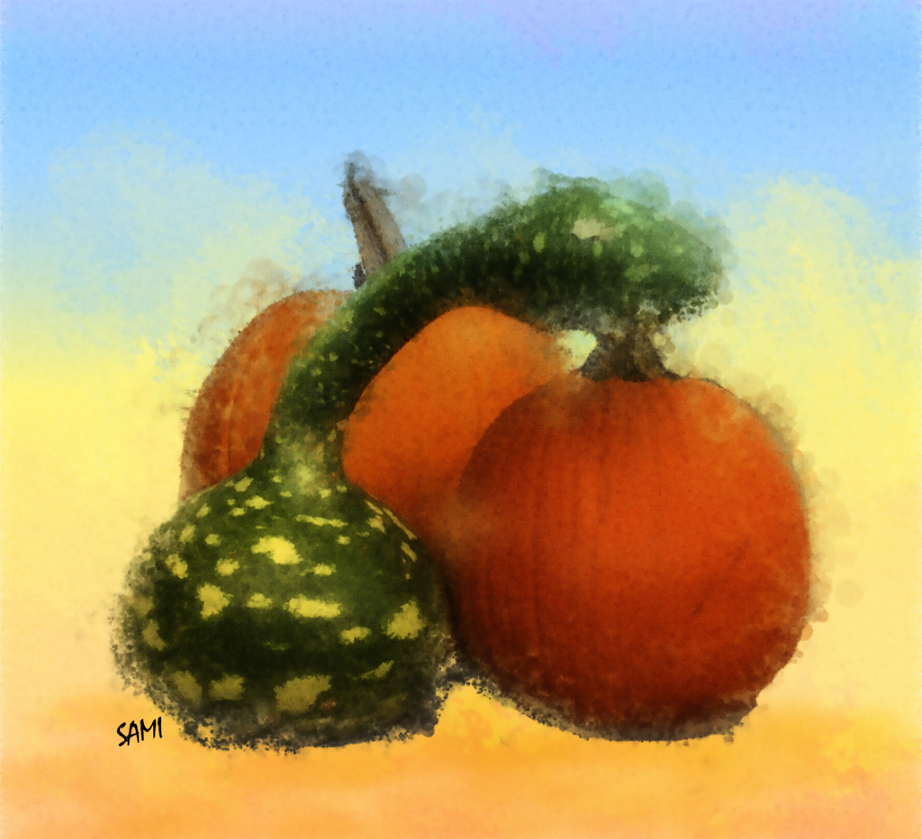 Watercolor painting of a still life featuring pumpkins, with warm autumn tones highlighting the rich textures and natural details of the gourds, creating a cozy and seasonal composition.