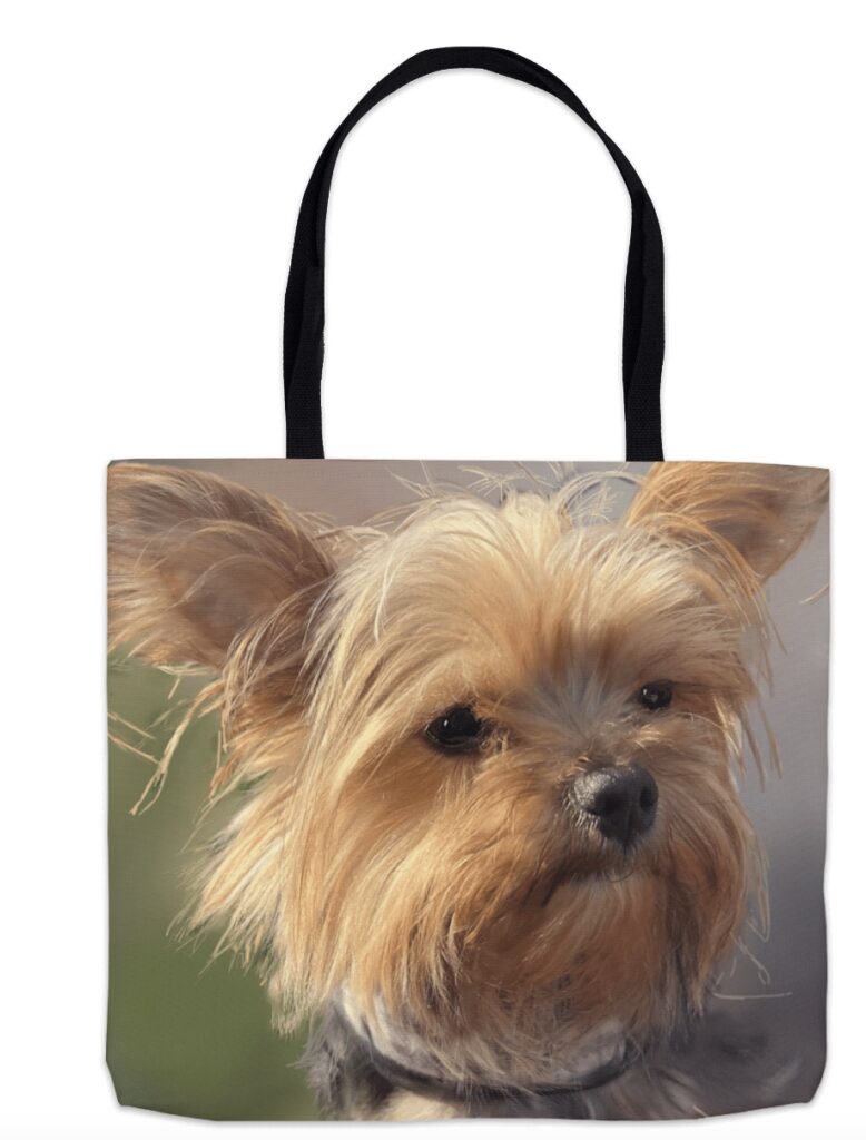 Watercolor painting of a Yorkie on a tote bag, showcasing the adorable dog's expressive face and silky fur, with vibrant colors and playful details, making it a charming and unique accessory in my gift shop.