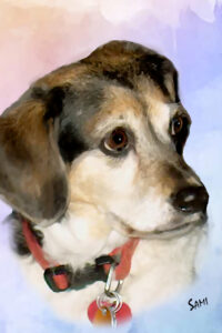 The Creative Process of Painting the dogs of Promises Kept. The image depicts a portrait of a beagle/terrier, Sugar, with a gentle, expressive gaze. The dog has a tan and white coat with patches of black, floppy ears, and dark brown eyes that look directly at the viewer. The background is soft, with pastel shades of purple and blue, creating a calming atmosphere. The artist's signature, 