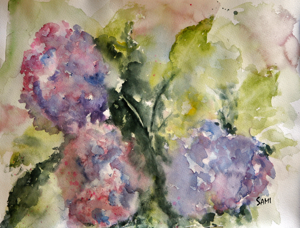 Watercolor painting of vibrant hydrangeas in full bloom, featuring delicate petals in shades of blue and purple, with soft, flowing brushstrokes capturing the elegance and natural beauty of the flowers