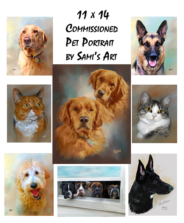 Watercolor paintings of several dogs and cats, each capturing the unique personalities and expressions of the pets, with soft brushstrokes and vibrant colors, created as custom commissioned pet portraits.