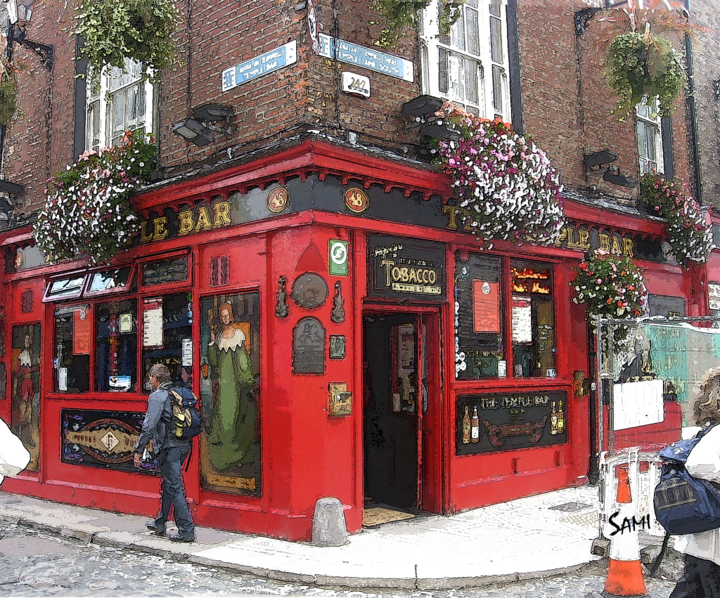 Watercolor painting of Temple Bar in Dublin, Ireland, depicting the iconic cobblestone streets, vibrant red pub exterior, and lively atmosphere of this historic cultural district, with people enjoying the bustling surroundings.